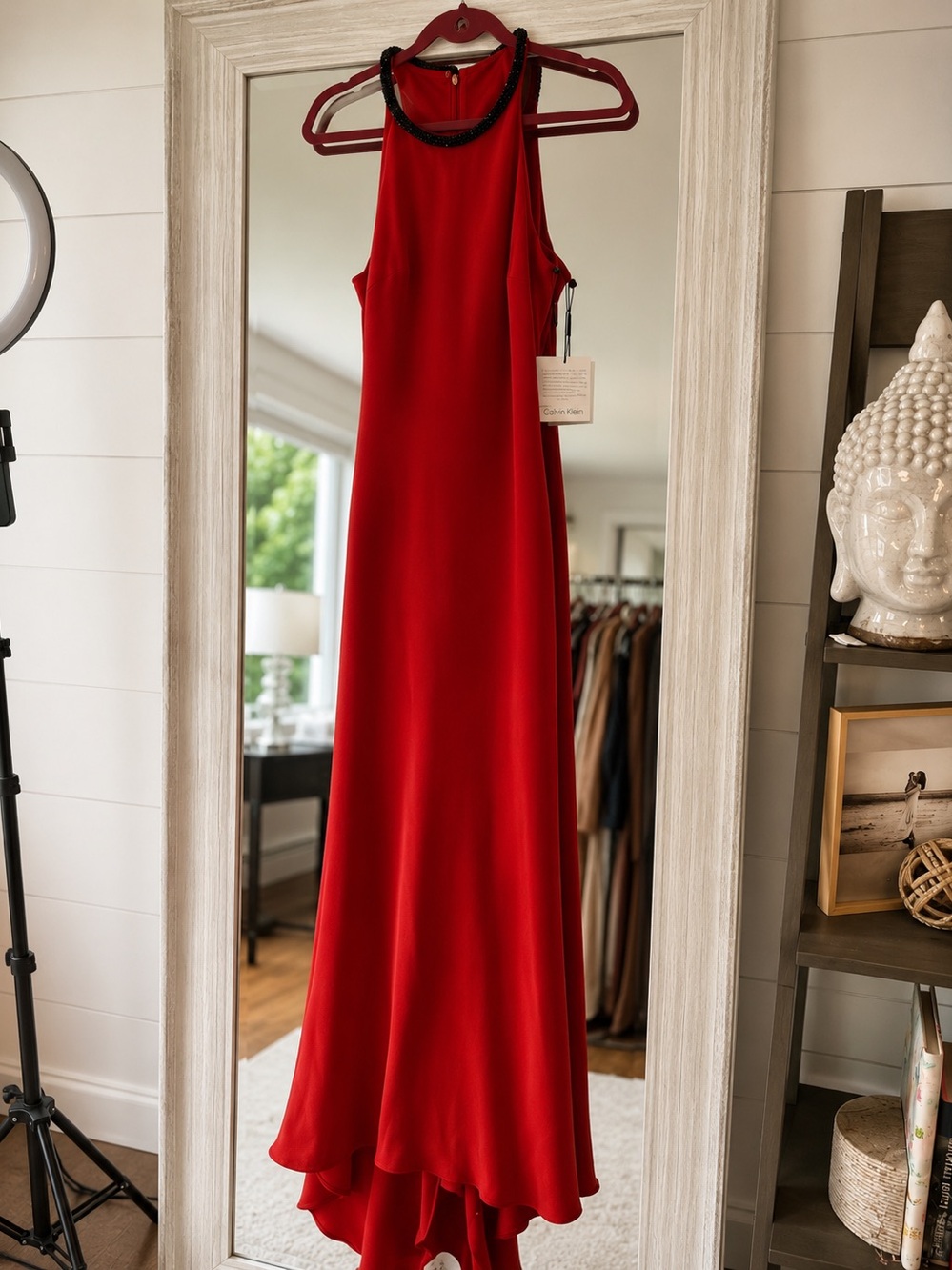 Calvin Klein Red Halter Maxi Dress with Beaded Neckline